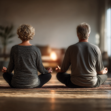 Група літніх людей практикує йогу в затишному залі